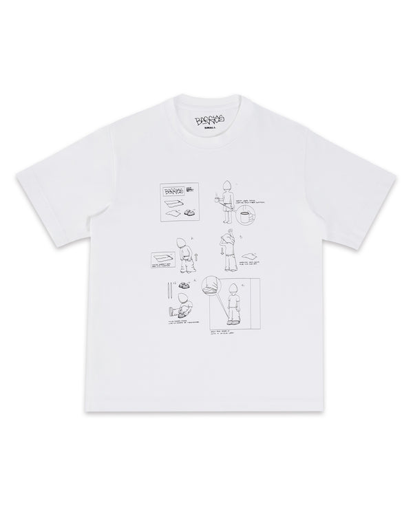 White t-shirt with black graphics and text on a white background