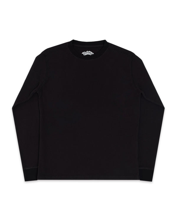 Black long-sleeve shirt with a brand logo on a white background