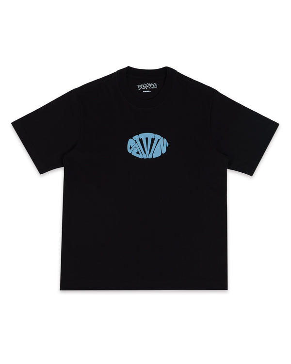 Black t-shirt with a blue logo on a white background