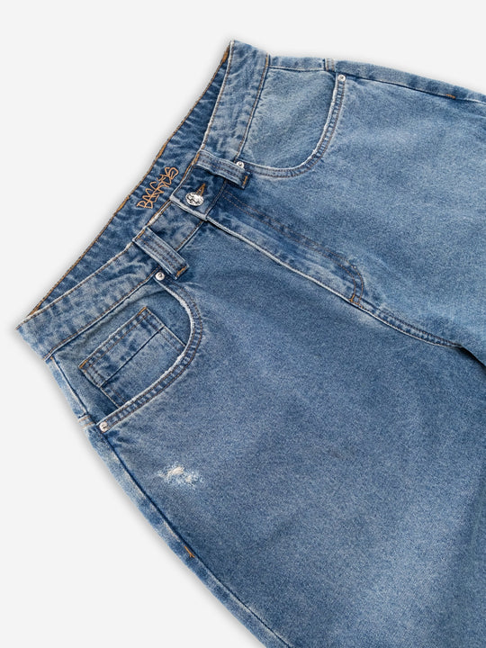 Baggys Denim Short Fray — close-up detail flatlay, light blue wash