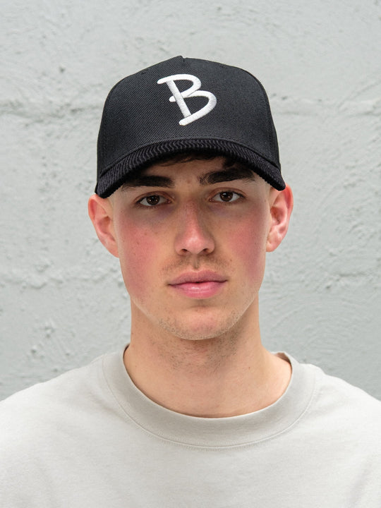 Person wearing Baggys 5-panel hat in black up close