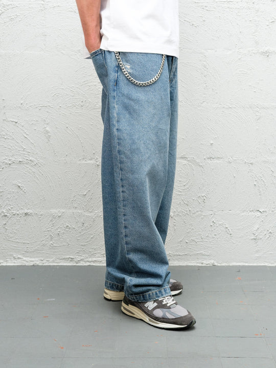 Person wearing Fray blue baggy denim pants with the wallet chain