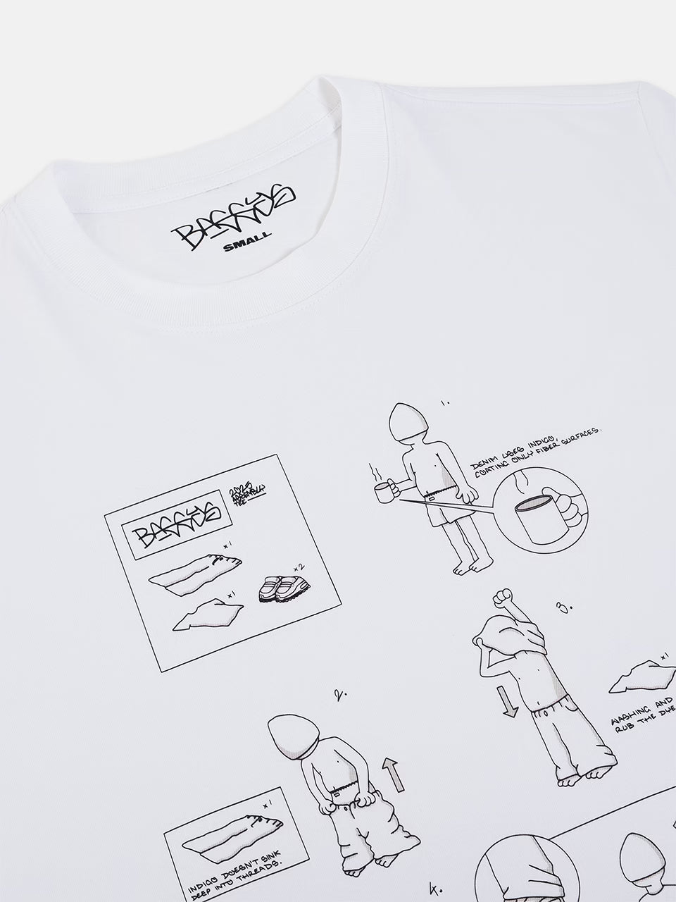 White t-shirt with black line art illustrations and text on a white background