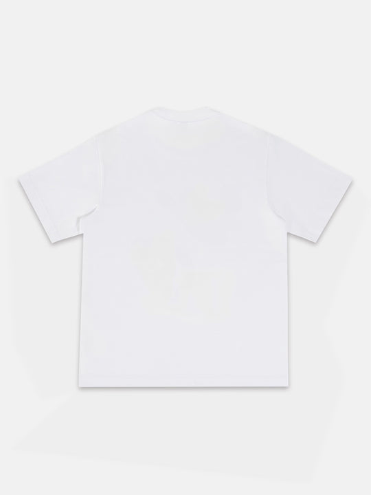 White t-shirt with black graphic logo flatlay back