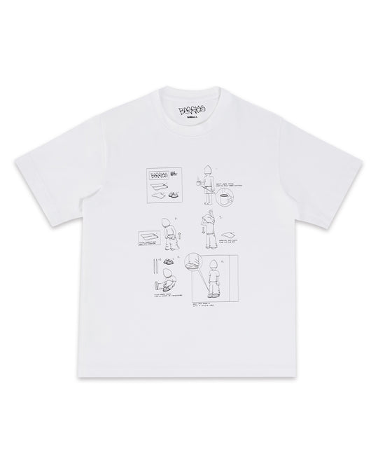 White t-shirt with black graphics and text on a white background