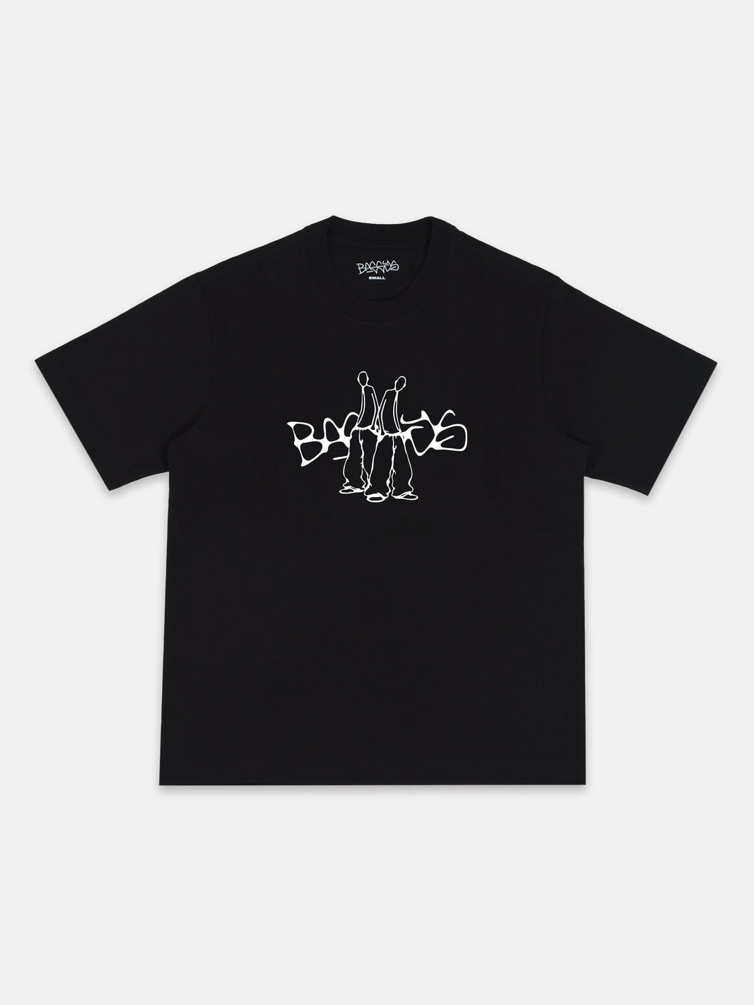 Black t-shirt with white graphic design on a white background