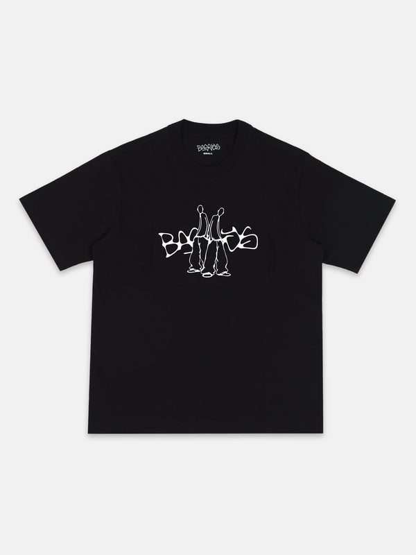 Black t-shirt with white graphic design on a white background