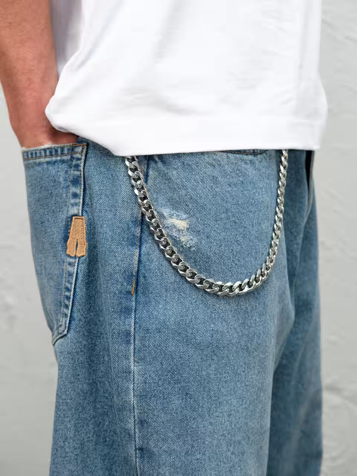 Fray Blue baggy denim pant, close view of detailing
