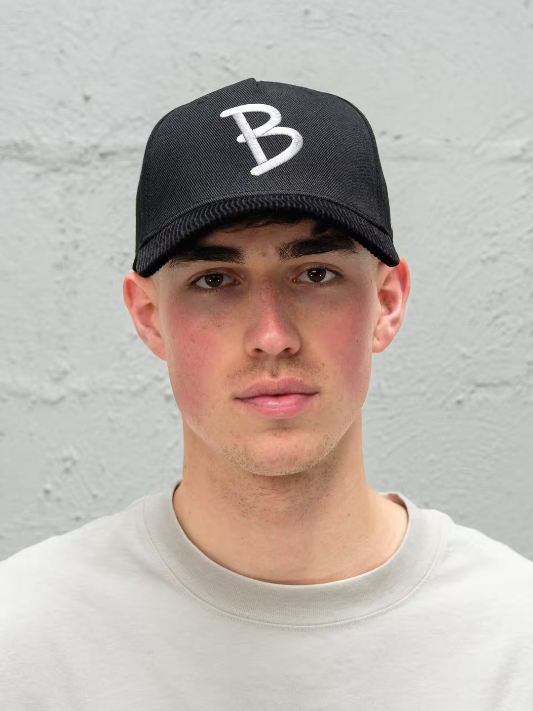 Person wearing Baggys 5-panel hat in black up close