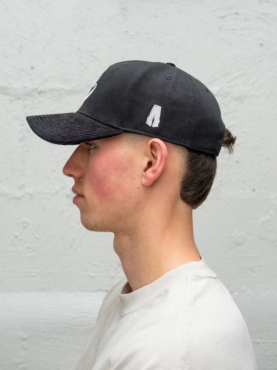Person wearing Baggys 5-panel hat in black side profile