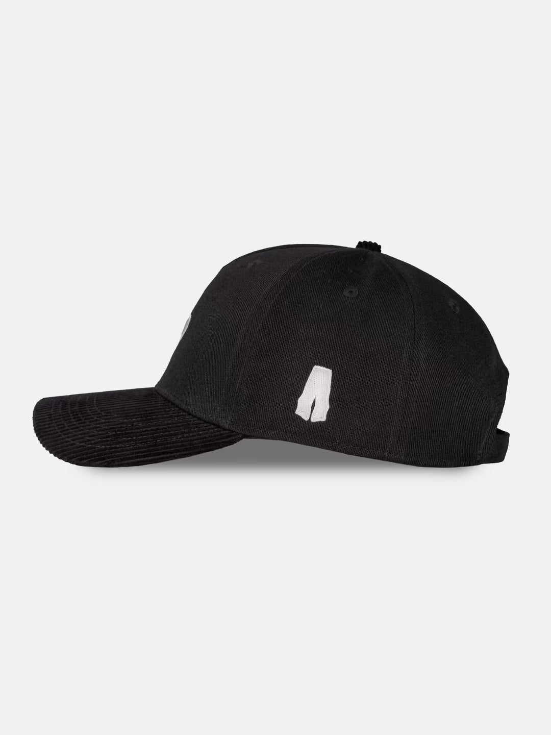 5-panel black hat flatlay, side view