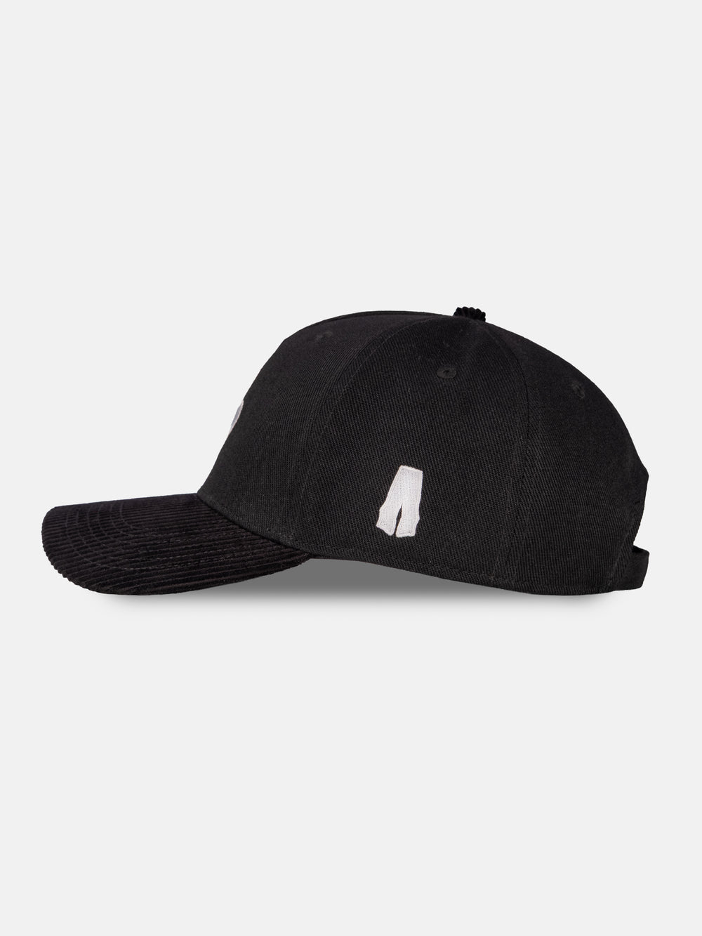 5-panel black hat flatlay, side view