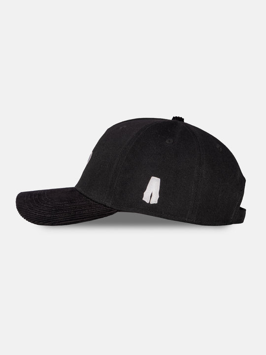 5-panel black hat flatlay, side view