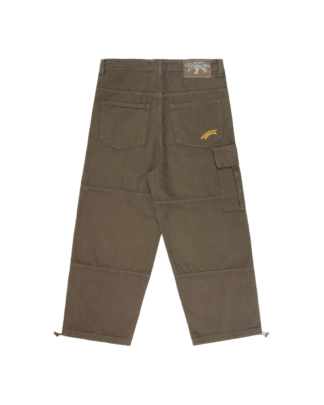 Brown cargo pants with a logo on a white background