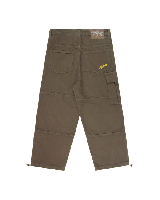 Brown cargo pants with a logo on a white background