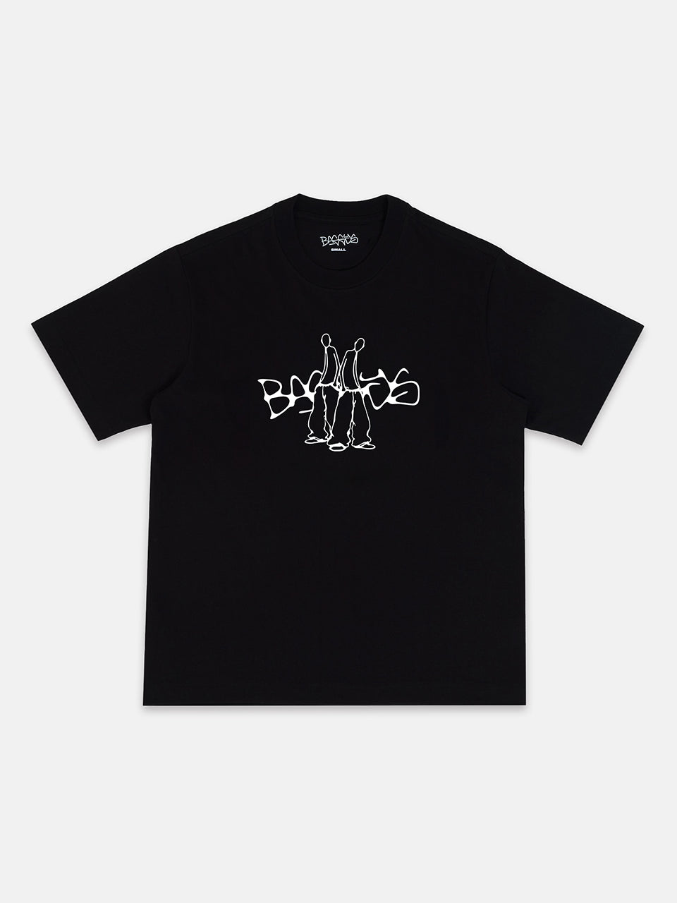 Black t-shirt with white graphic design on a white background