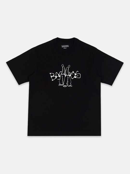 Black t-shirt with white graphic design on a white background