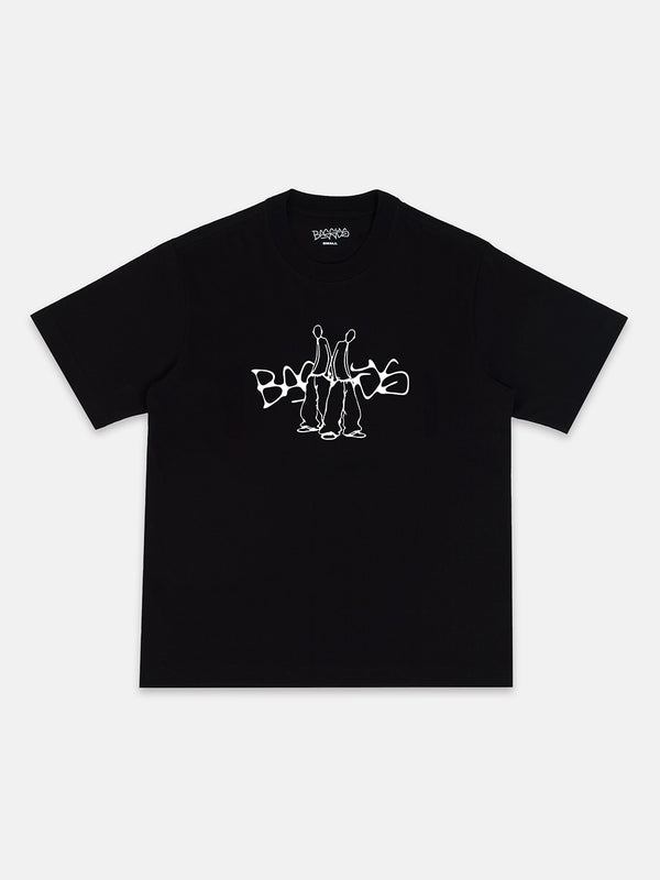 Black t-shirt with white graphic design on a white background