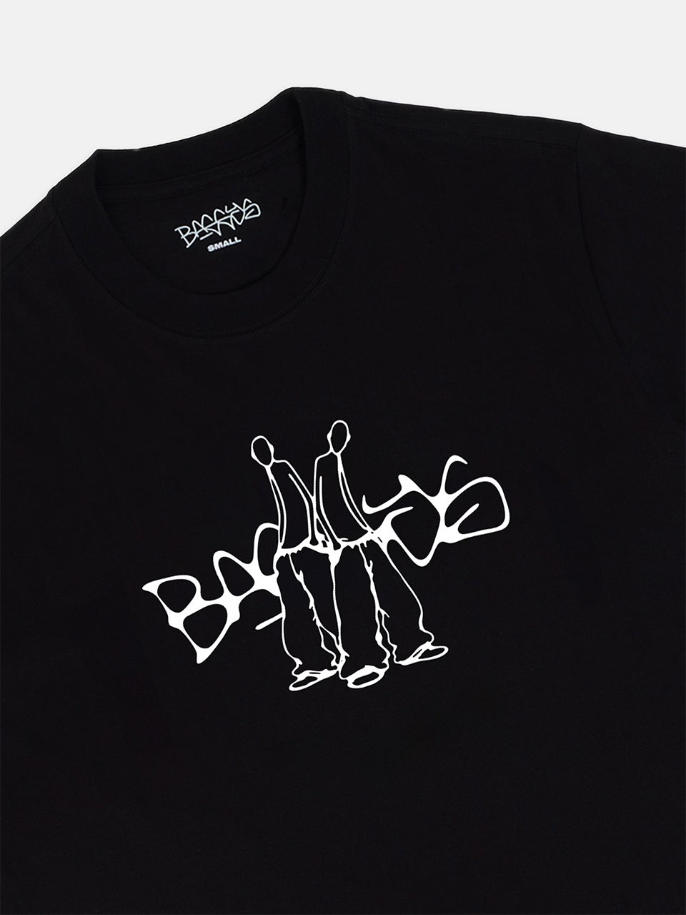Black t-shirt with white graphic design on a white background