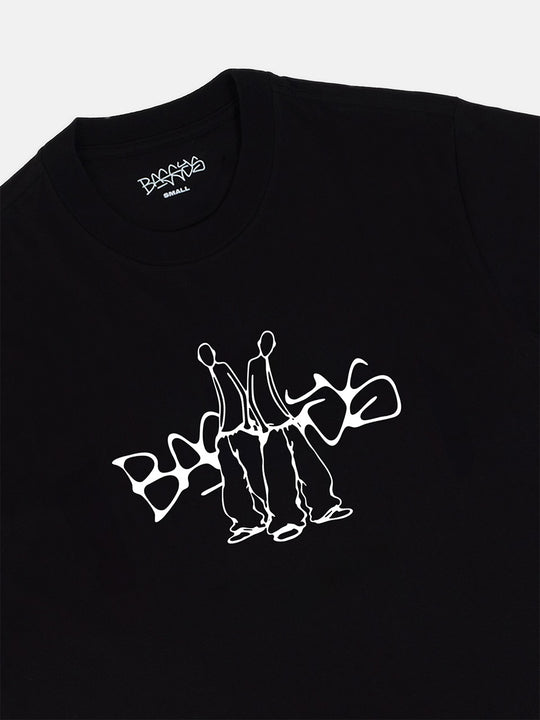 Black t-shirt with white graphic design on a white background