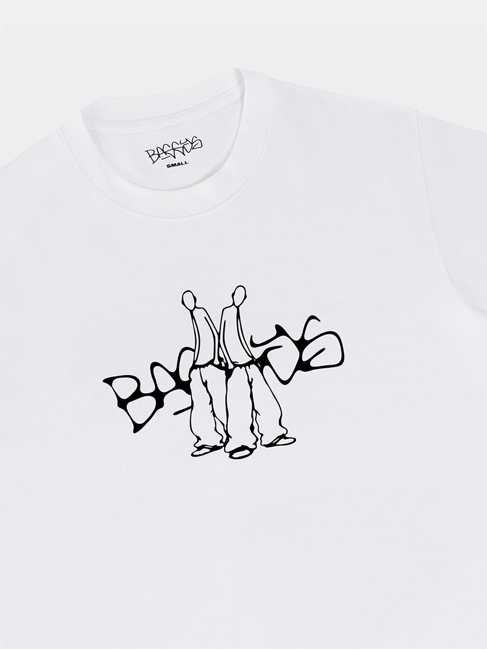 White t-shirt with black graphic logo flatlay front close up
