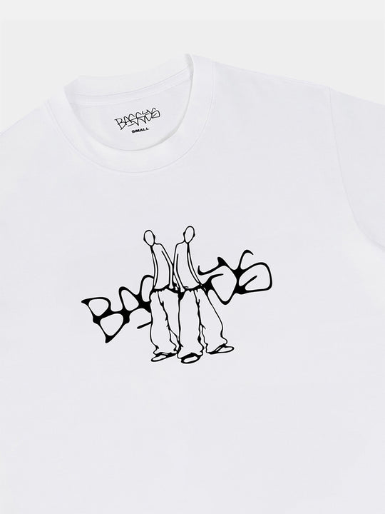 White t-shirt with black graphic logo flatlay front close up