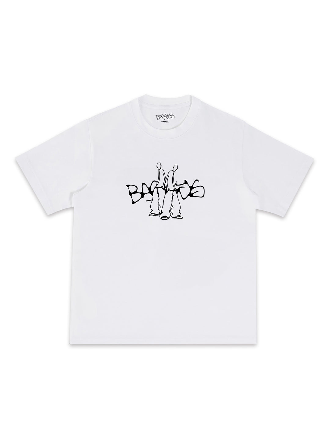 White t-shirt with black graphic logo flatlay front