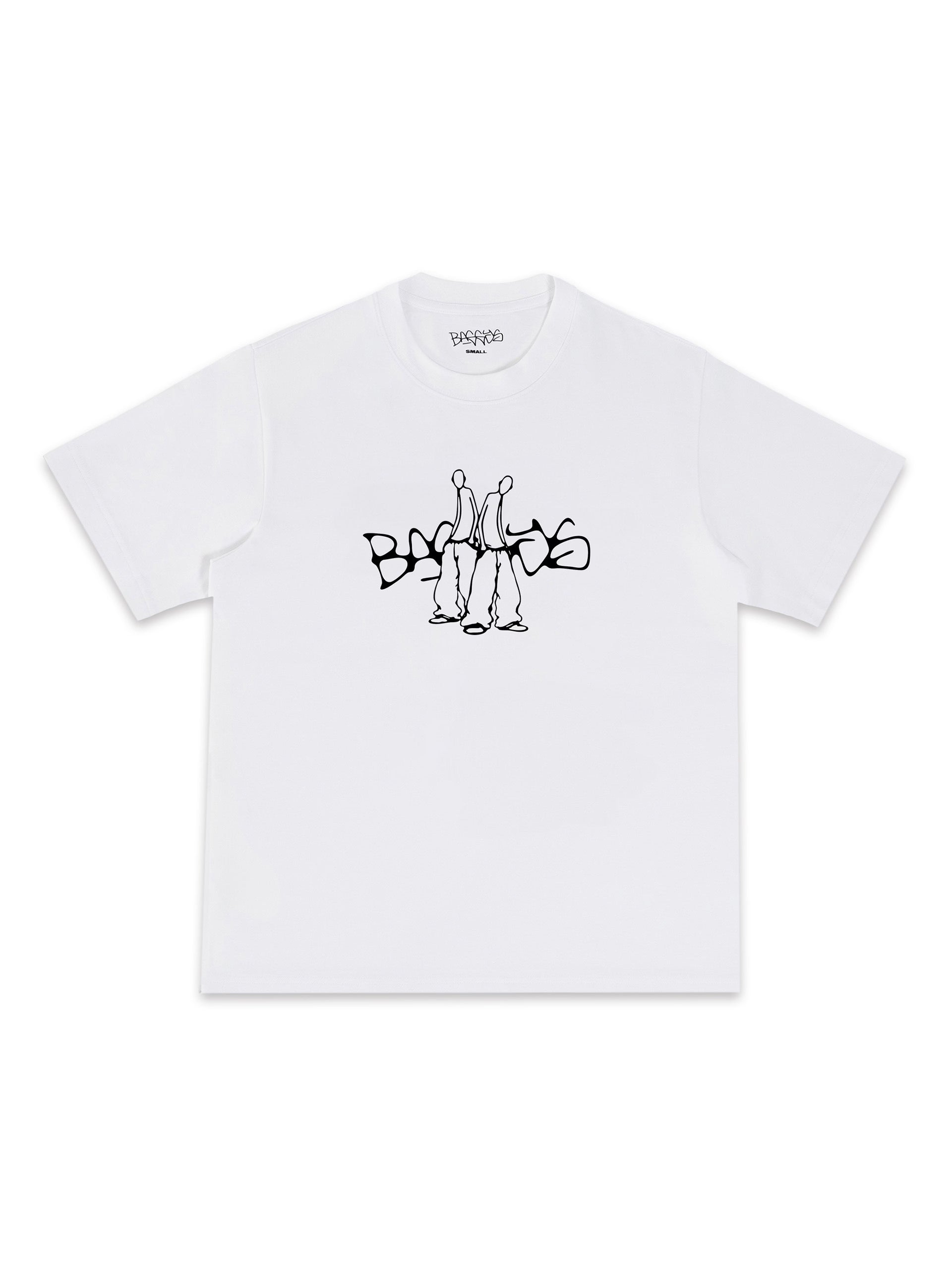 White t-shirt with black graphic logo flatlay front