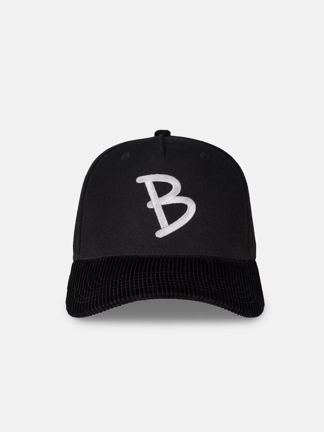 5-panel black hat flatlay, front on shot