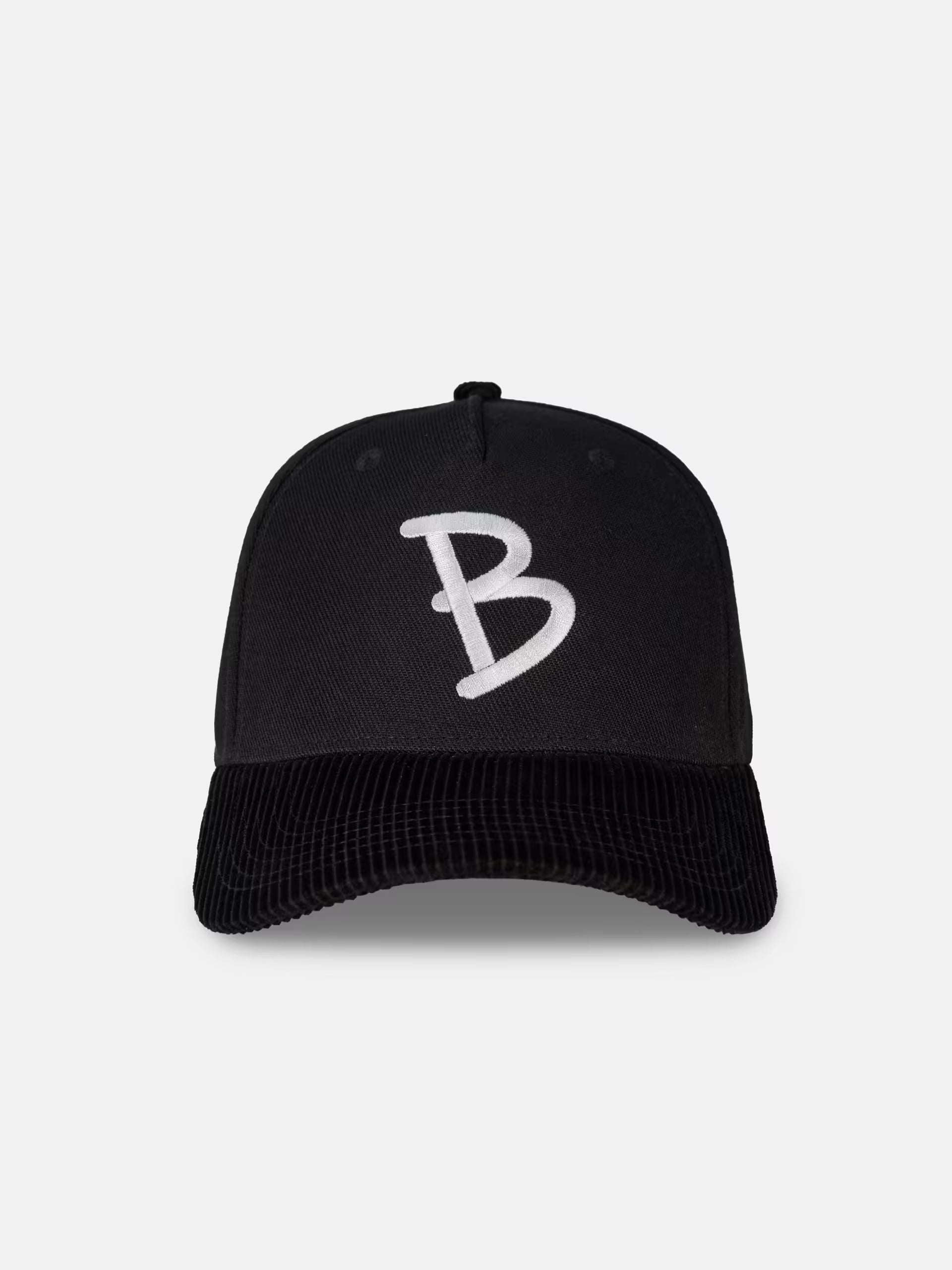 5-panel black hat flatlay, front on shot