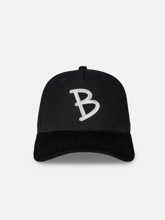 5-panel black hat flatlay, front on shot
