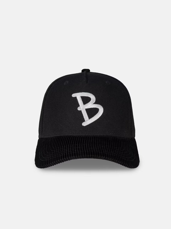 5-panel black hat flatlay, front on shot
