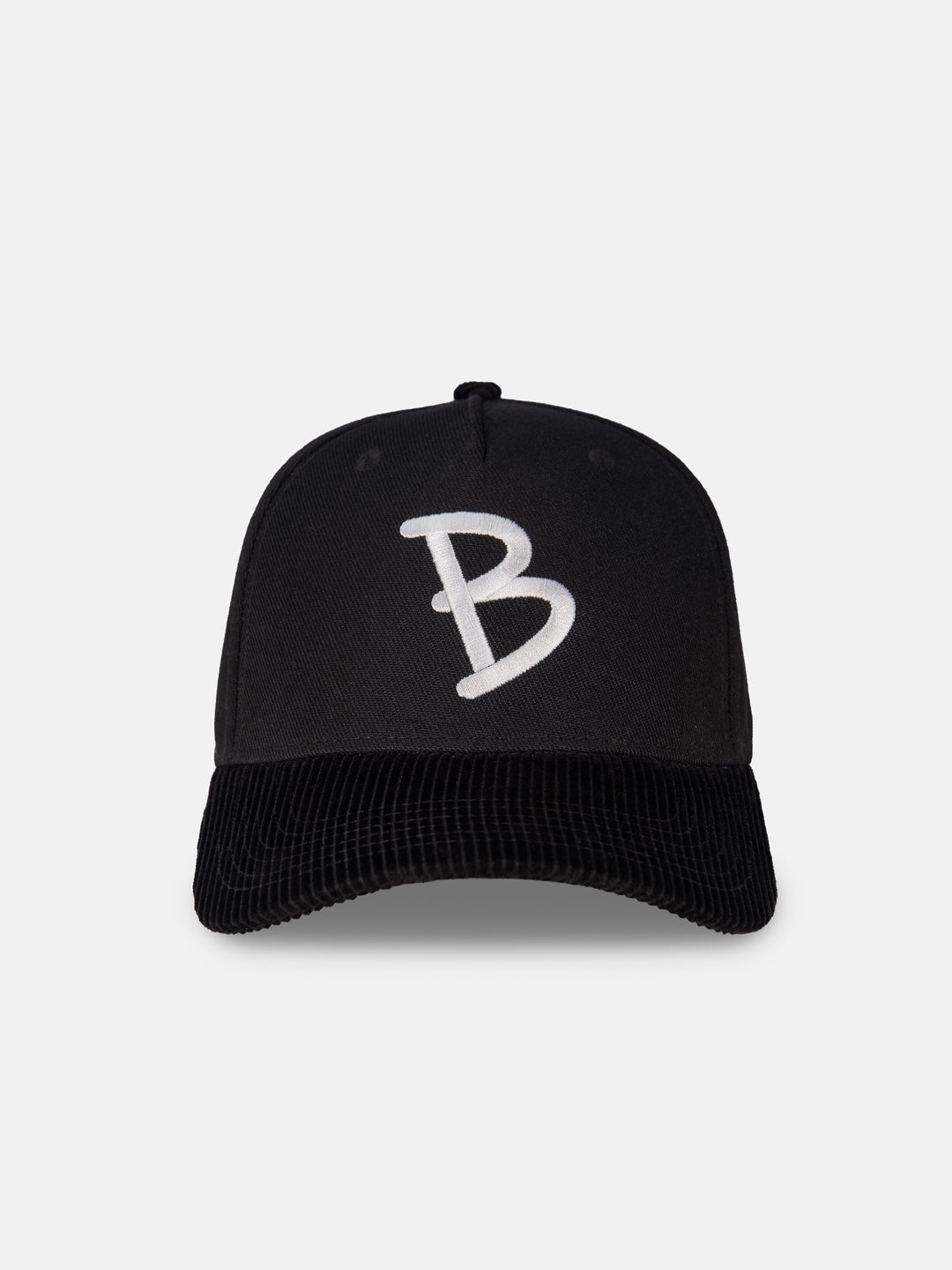 5-panel black hat flatlay, front on shot