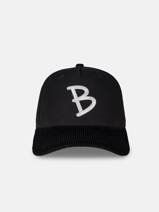 5-panel black hat flatlay, front on shot