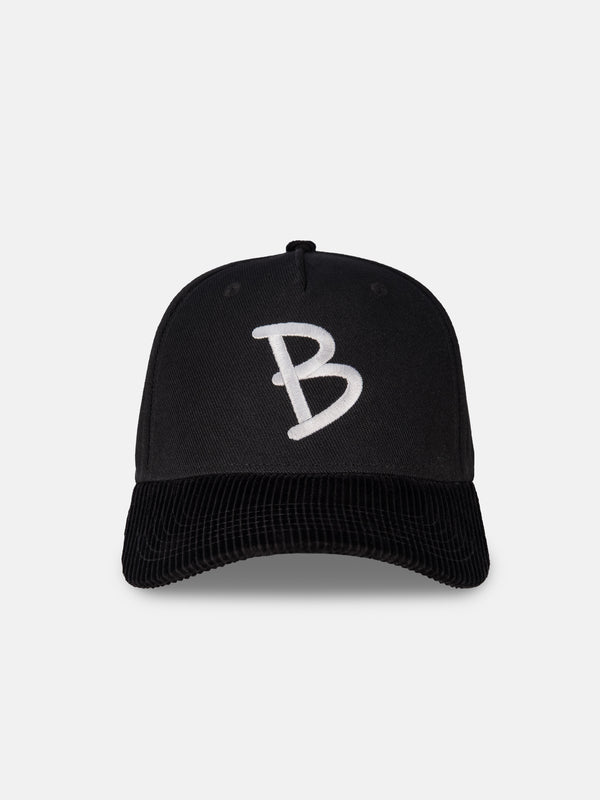 5-panel black hat flatlay, front on shot