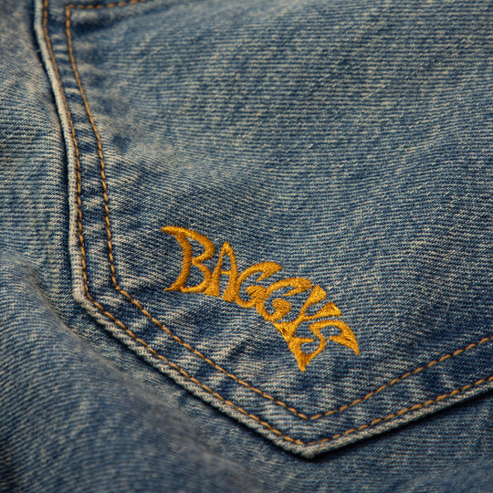 the Baggy Blues yellow tonal chain stitching embroidery on the rear pocket