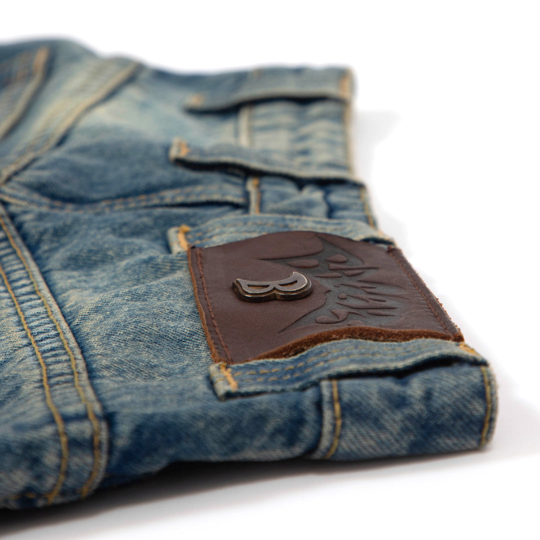 the Baggy Blues focus on back leather patch showing quality and metal work