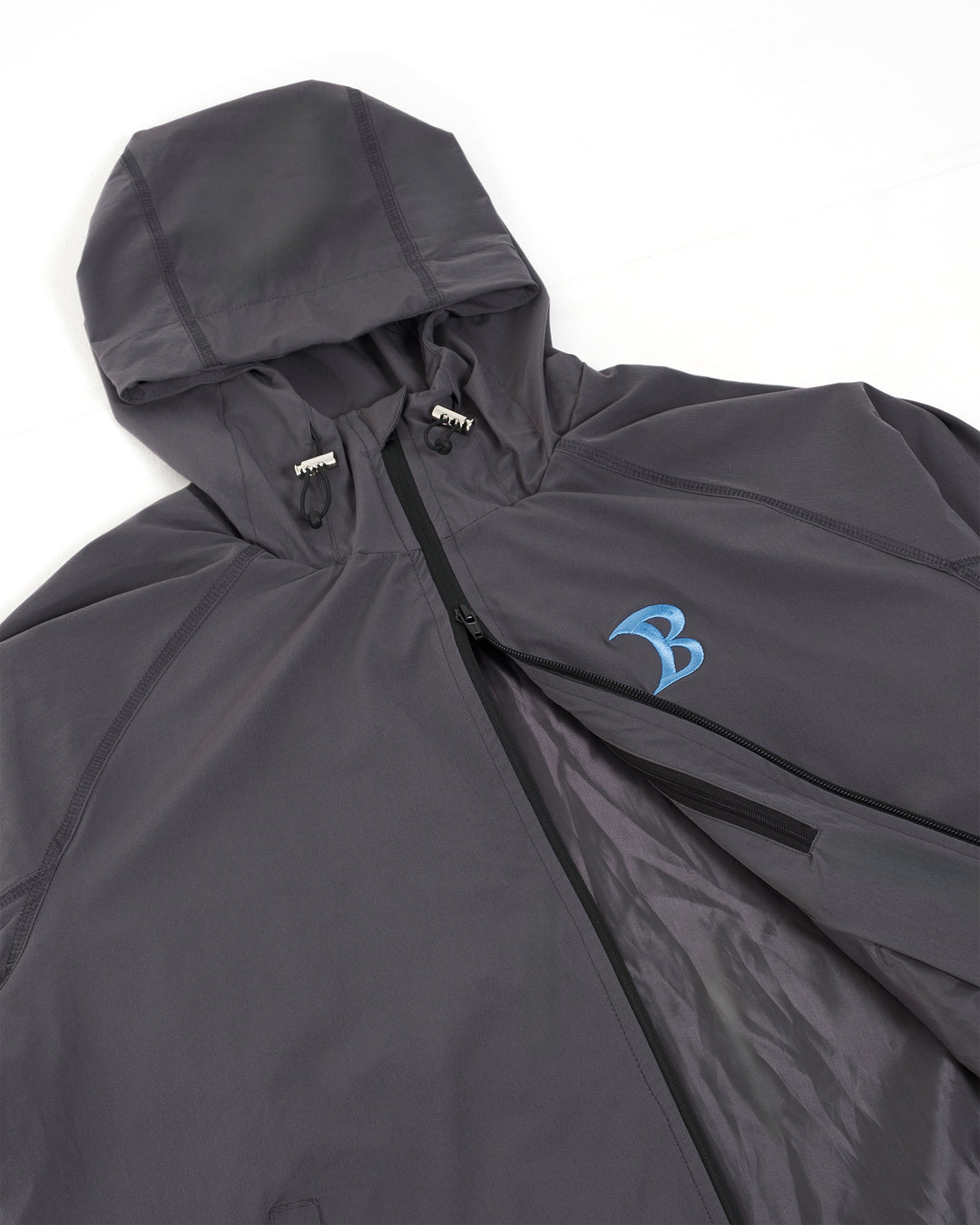 Baggy Oxide Grey Track Jacket Front Zipper and Lining Flatlay