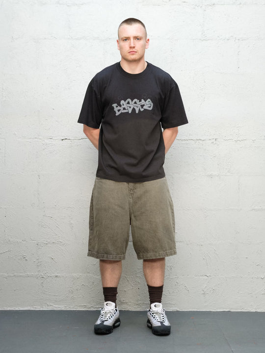Model wearing Grab Tee faded black with Denim Short | Sage Baggys.uk