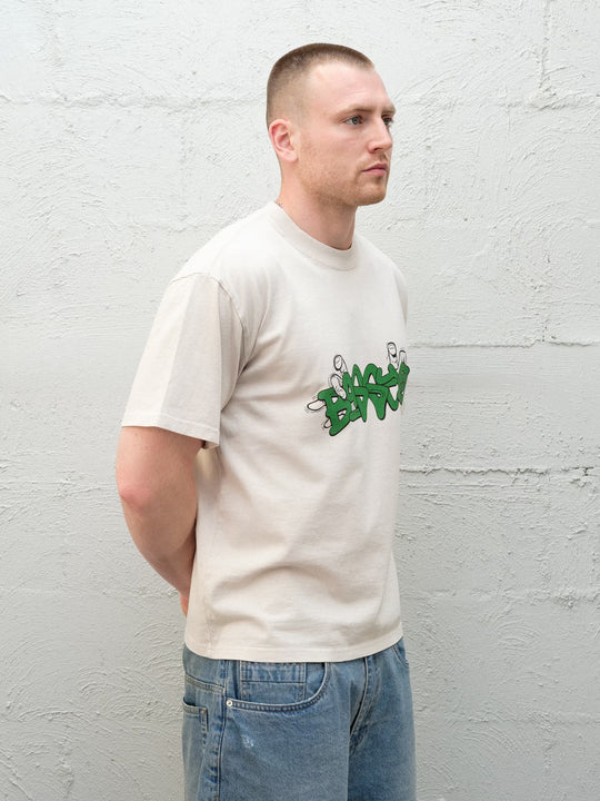 Model wearing Baggys Grab Tee in Bone, front view