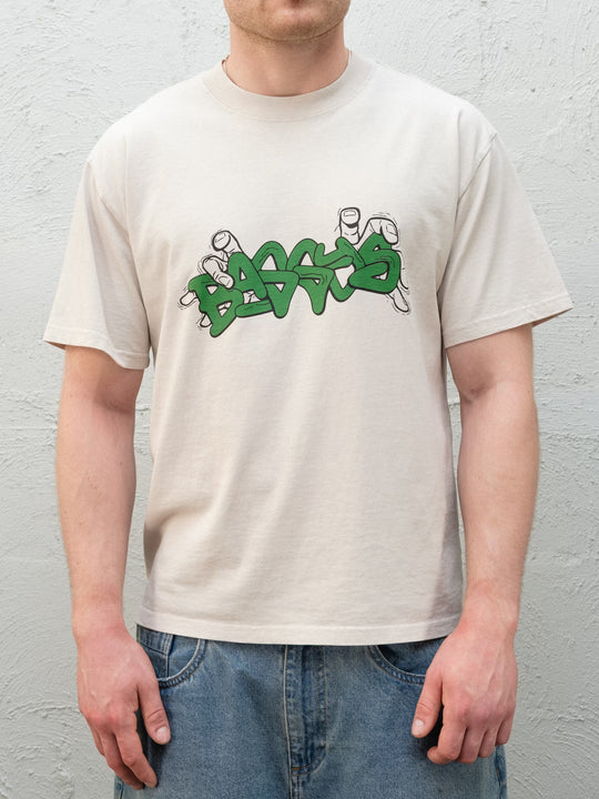 Model wearing Baggys Grab Tee in Bone — cropped torso shot, no face