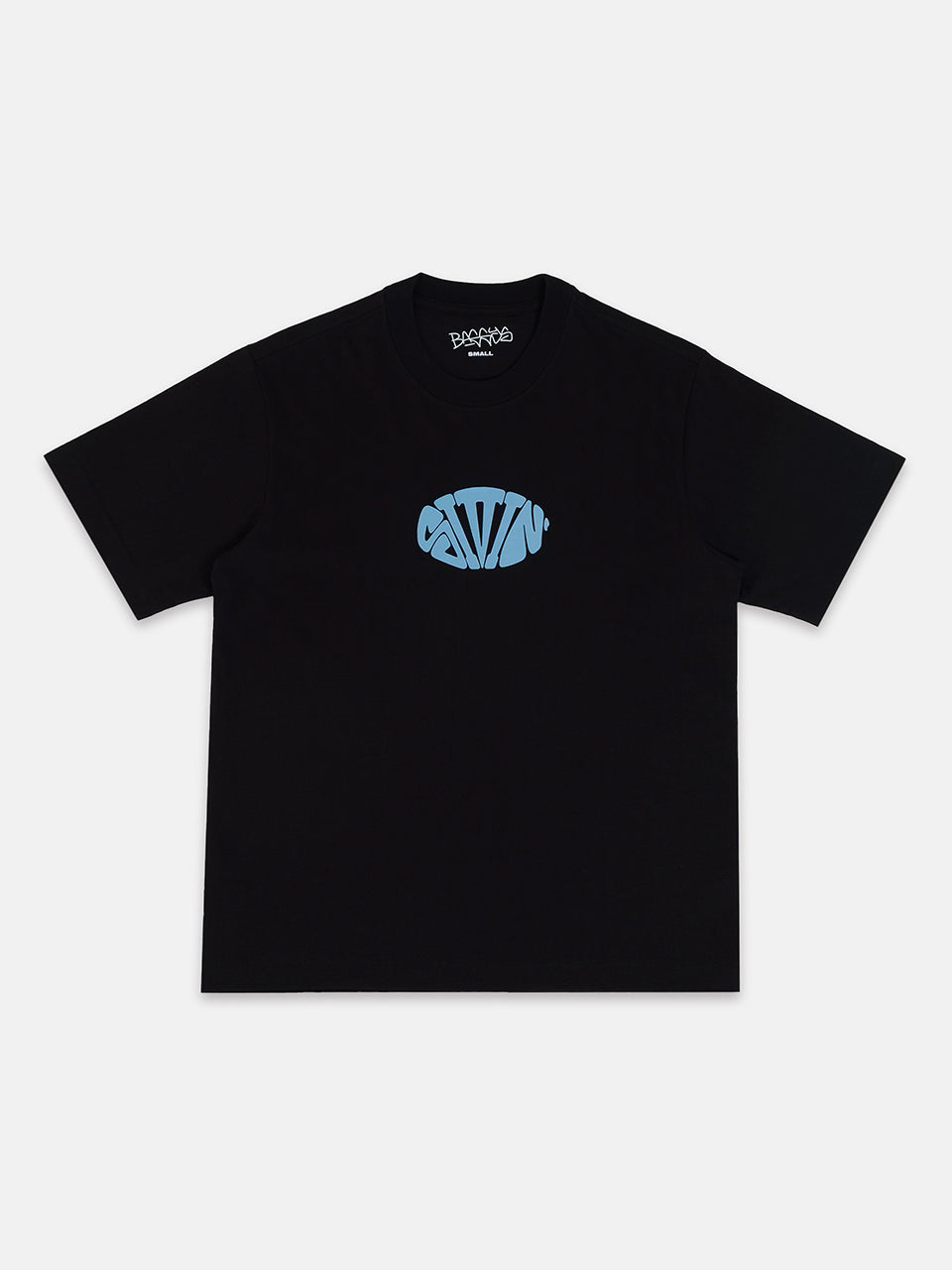 Black t-shirt with a blue logo on a white background