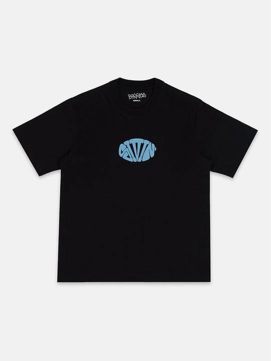 Black t-shirt with a blue logo on a white background