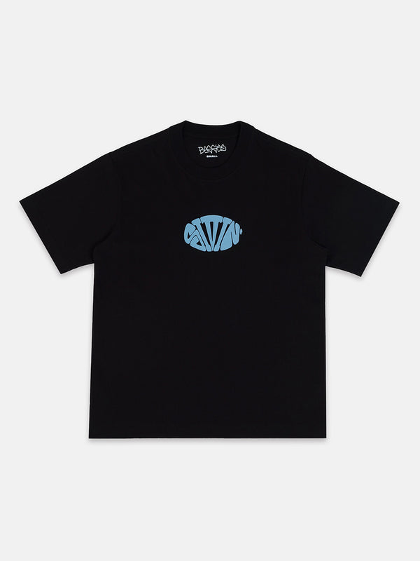 Black t-shirt with a blue logo on a white background