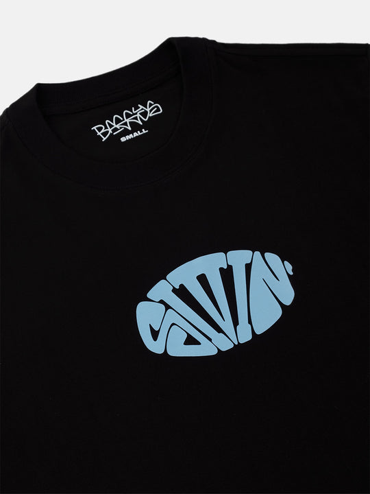Black t-shirt with blue logo and brand name on a white background