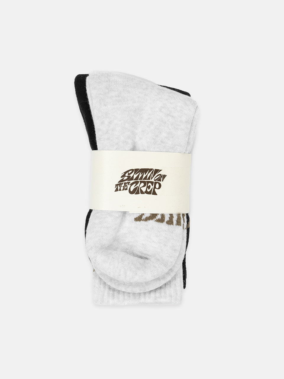 Marl & Black socks with a cream band featuring a logo on a white background