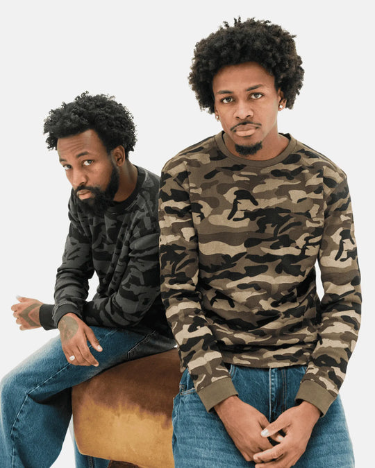 Two men wearing camouflage long sleeve waffle t-shirt on a white background