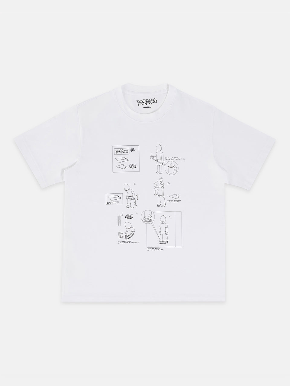 White t-shirt with black graphic design on a white background