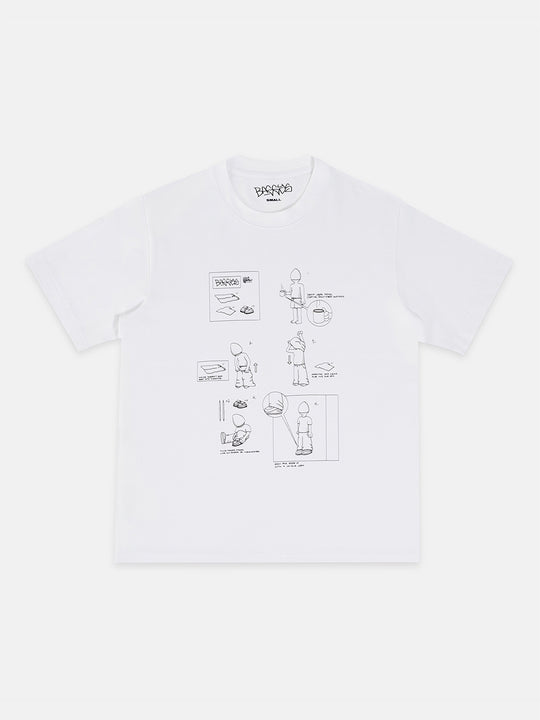 White t-shirt with black graphic design on a white background