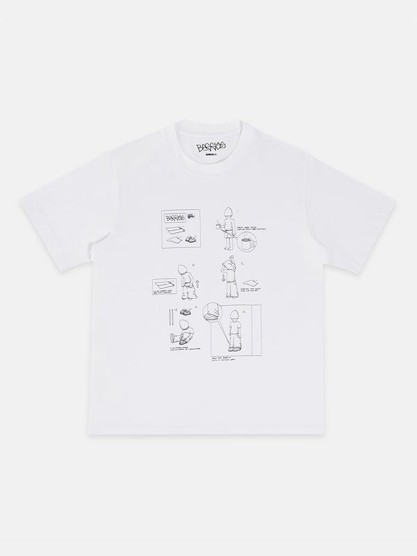 White t-shirt with black graphic design on a white background